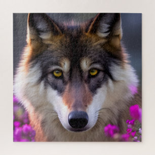 Junger Wolf in fuchsienrosa Blüten Puzzle