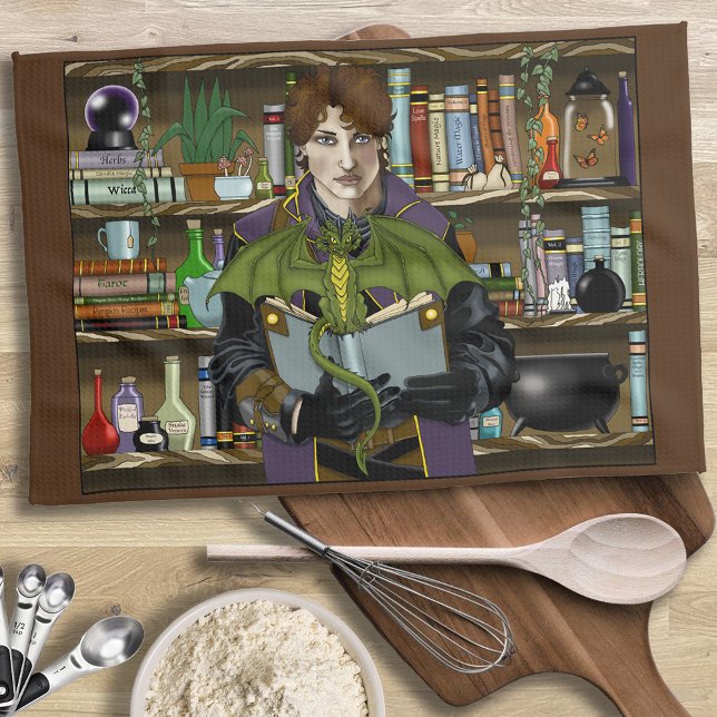 Junger Zauberer Fantasy-Bibliothek Bücher Drache Geschirrtuch (Von Creator hochgeladen)