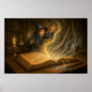 Junger Zauberer mit Buch Fantasy-Illustration Poster