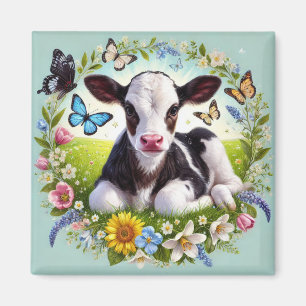 Junges Kalb mit Blumenkranz und Schmetterlingen Magnet