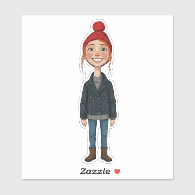 Junges lächelndes rothaariges Mädchen mit roter Mü Aufkleber (Blatt)