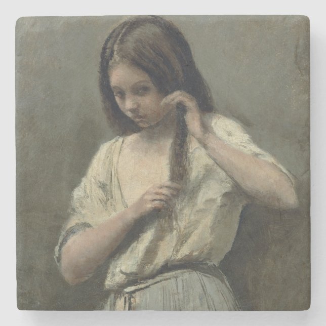 Junges Mädchen an ihrer Toilette Steinuntersetzer (Vorderseite)