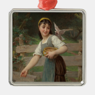 Junges Mädchen füttert die Tauben (von Émile Munie Ornament Aus Metall