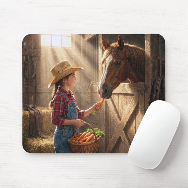 Junges Mädchen füttert ein Pferd mit Karotten Mousepad (Mit Mouse)