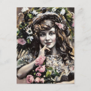Junges Mädchen mit Blumenhut Rosen Pastellzeichnun Postkarte