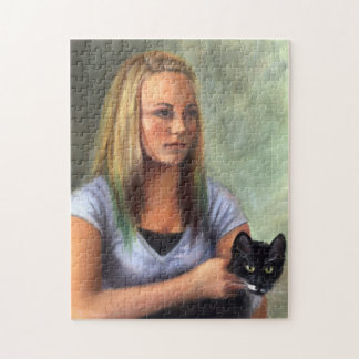 Junges Mädchen mit schwarze Katze Puzzlespiel Puzzle
