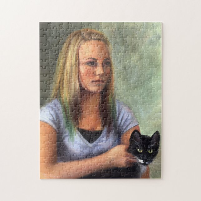 Junges Mädchen mit schwarze Katze Puzzlespiel Puzzle (Vertikal)