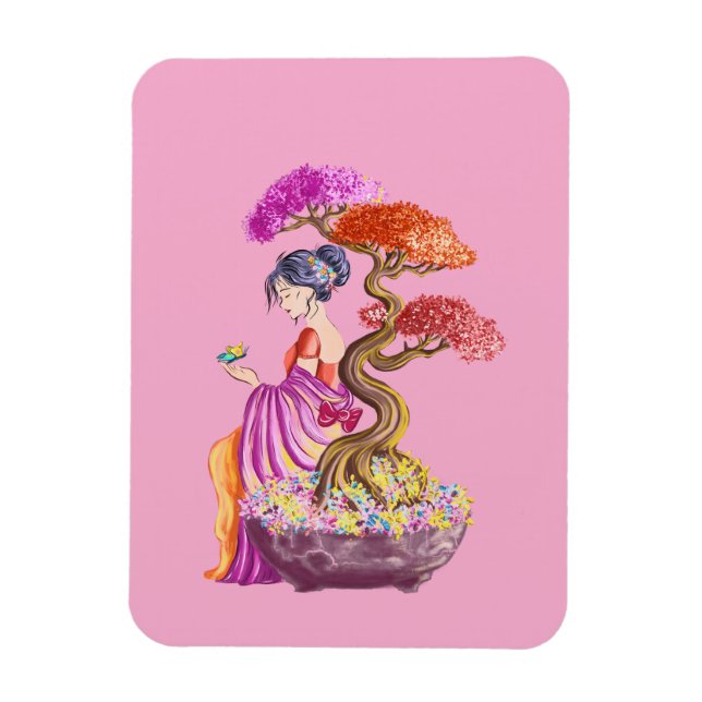 Junges Mädchen und sein riesiger japanischer Baum. Magnet (Vertikal)
