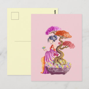 Junges Mädchen und sein riesiger japanischer Baum. Postkarte