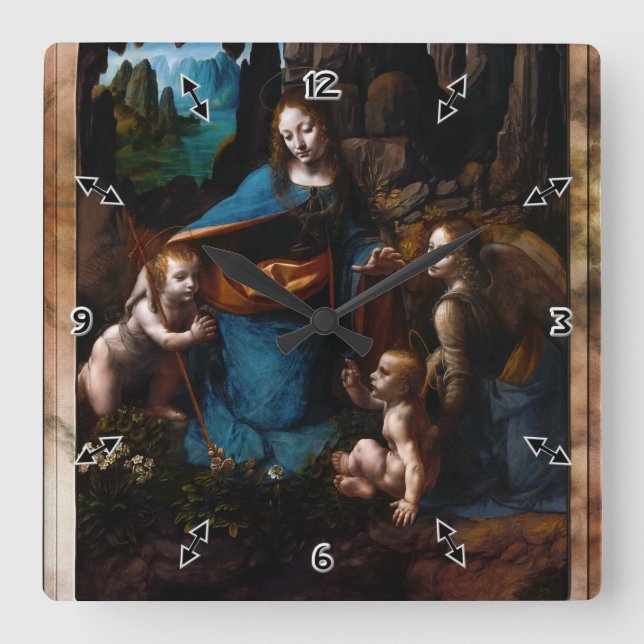 Jungfrau der Felsen durch Leonardo da Vinci Quadratische Wanduhr (Vorderseite)