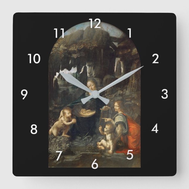 Jungfrau der Felsen, Leonardo da Vinci Quadratische Wanduhr (Vorderseite)