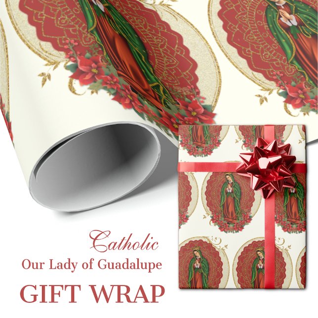 Jungfrau Guadalupe Katholische Weihnachtspointsett Geschenkpapier (Catholic Our Lady of Guadalupe Gift Wrap with red poinsettias)