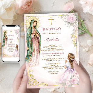 Jungfrau Guadalupe Taufe Mädchen Rosa Rosen Gold Einladung