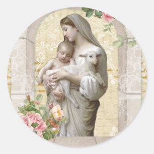 Jungfrau Maria Jesus Lamm Vintage Blumen religiös Runder Aufkleber