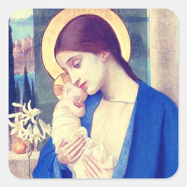 Jungfrau Mary and Child von Marianne Stokes Quadratischer Aufkleber (Vorderseite)