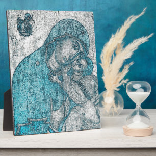 Jungfrau Mary Baby Jesus Angel Portrait Vintag Blu Fotoplatte