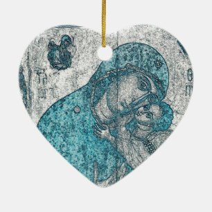 Jungfrau Mary Baby Jesus Angel Portrait Vintag Blu Keramik Ornament