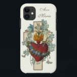 Jungfrau Mary Floral Religious Ave Maria Vintag Case-Mate iPhone Hülle<br><div class="desc">Mit einem wunderschönen,  katholischen Vintage-Bild des Unbefleckten und traurigen Herzens der gesegneten Jungfrau überlagerte Mary ein Kreuz mit blauen Vergessenmerzen und dem lateinischen Text für "Hail Mary"... Ave Maria.</div>