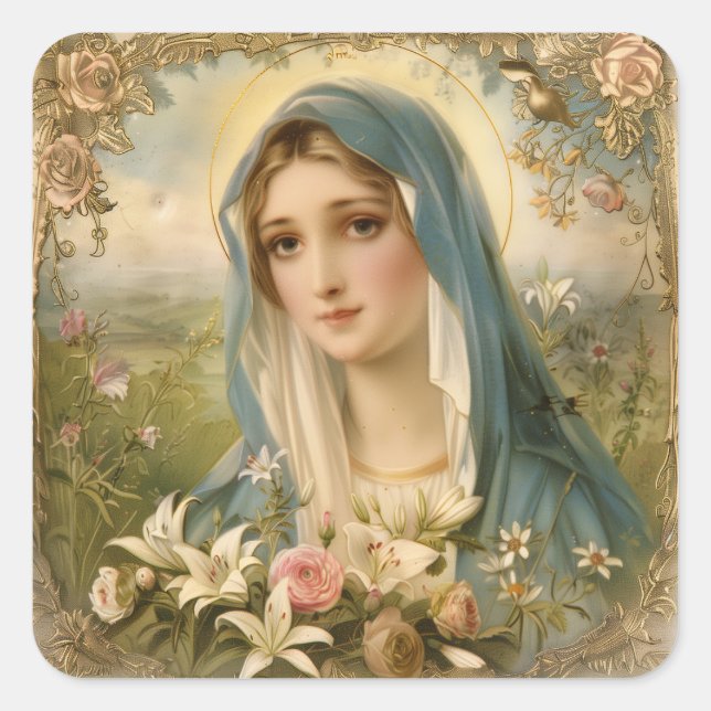 Jungfrau Mary Floral Vintag katholisch Quadratischer Aufkleber (Vorderseite)