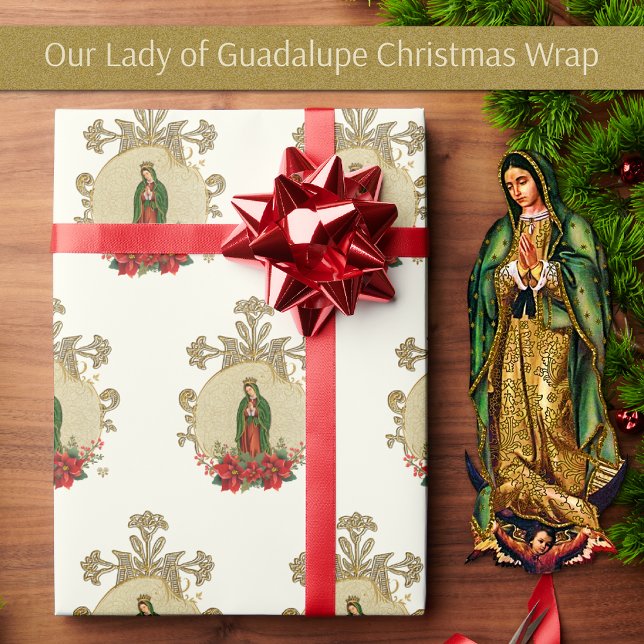 Jungfrau Mary Guadalupe Wrapping Paper Geschenkpapier (Our Lady of Guadalupe Christmas Wrapping Paper with poinsettias)
