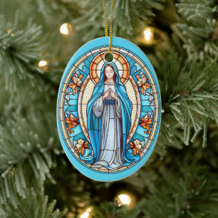 Jungfrau Mary in Blue Stached Glass Christmas Keramik Ornament