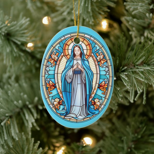 Jungfrau Mary in Blue Stached Glass Christmas Keramik Ornament (Baum)
