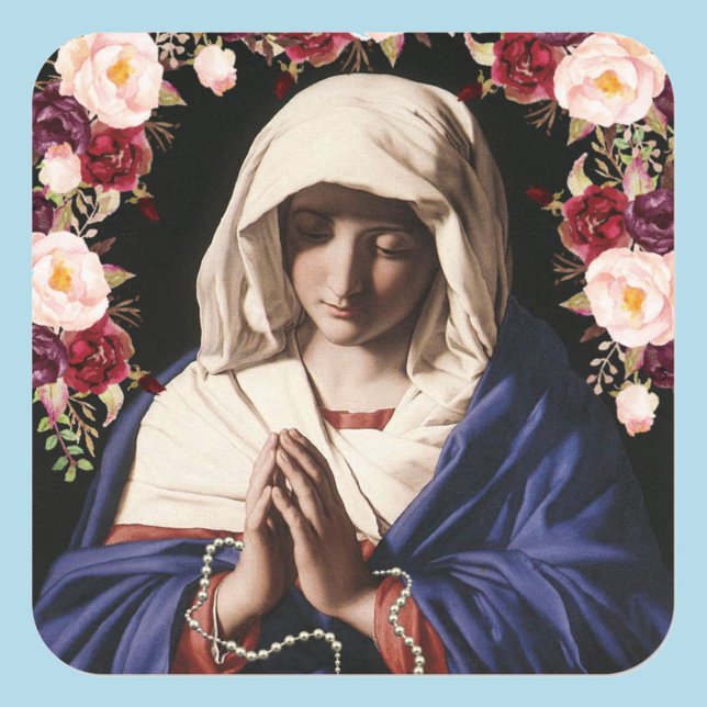 Jungfrau Mary in Gebet Rose und Rosary Quadratischer Aufkleber (Von Creator hochgeladen)