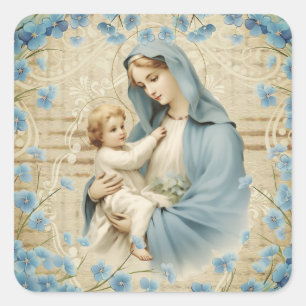 Jungfrau Mary Jesus Lamb Vintag Blue Floral Quadratischer Aufkleber