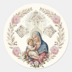 Jungfrau Mary Jesus Vintag Rosa Roses Katholische Runder Aufkleber