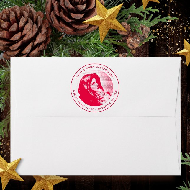 Jungfrau Mary & Jesus Weihnachten Rücksendeadresse Permastempel (Religious Christmas self-inking stamp with Madonna & Child for Catholic familes & churches)