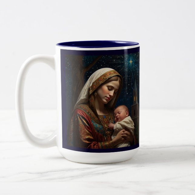 Jungfrau Mary & Jesus Weihnachtskrippe Zweifarbige Tasse (Links)