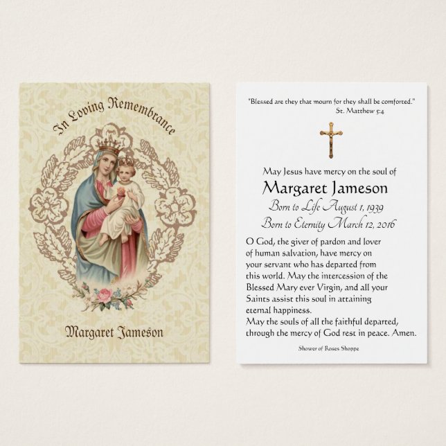 Jungfrau Mary Katholic Funeral Memorial Holcard - (Vorne & Hinten)