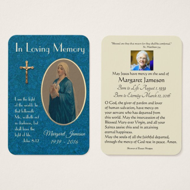 Jungfrau Mary Katholic Funeral Memorial Holcard - (Vorne & Hinten)