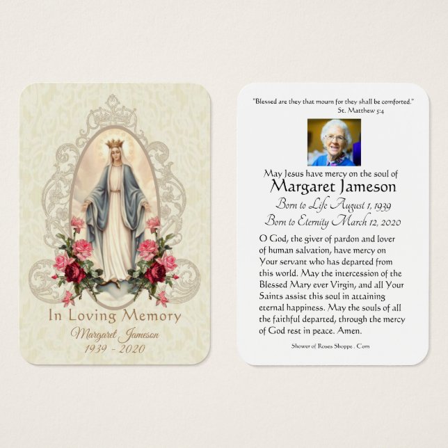 Jungfrau Mary Katholic Funeral Memorial Holcard - (Vorne & Hinten)