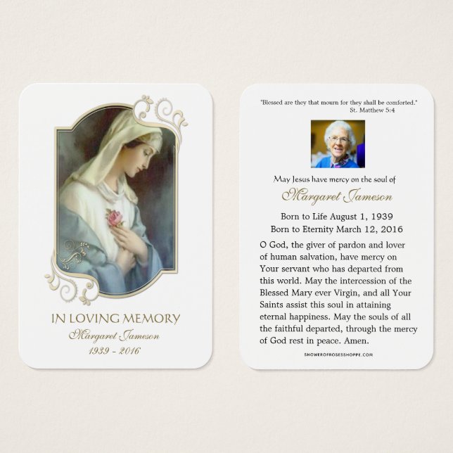 Jungfrau Mary Katholic Funeral Memorial Holcard - (Vorne & Hinten)