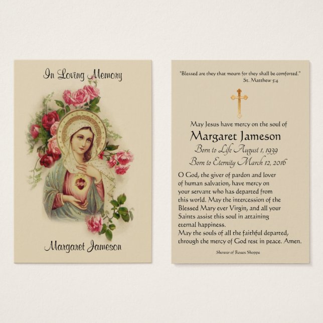 Jungfrau Mary Katholic Funeral Memorial Holcard - (Vorne & Hinten)