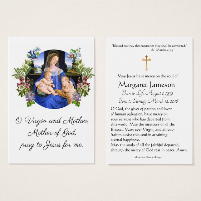 Jungfrau Mary Katholic Funeral Memorial Holcard - (Vorne & Hinten)