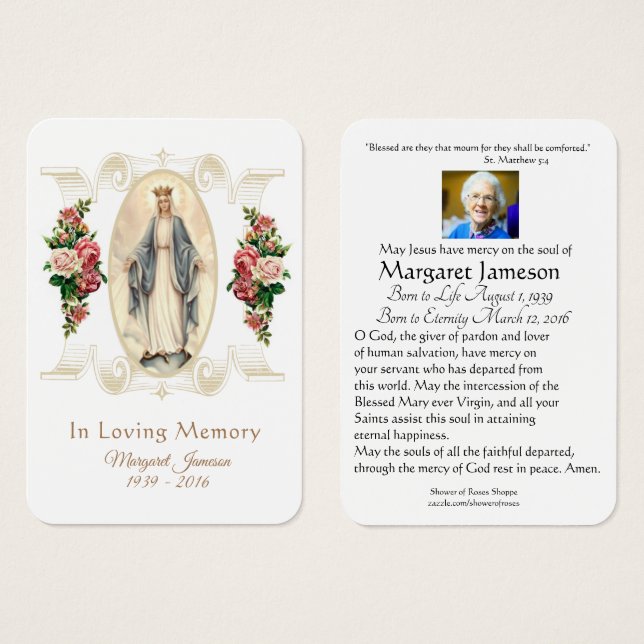 Jungfrau Mary Katholic Funeral Memorial Holcard - (Vorne & Hinten)