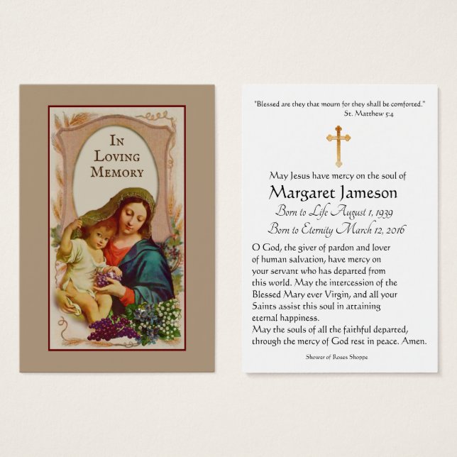 Jungfrau Mary Katholic Funeral Memorial Holcard - (Vorne & Hinten)