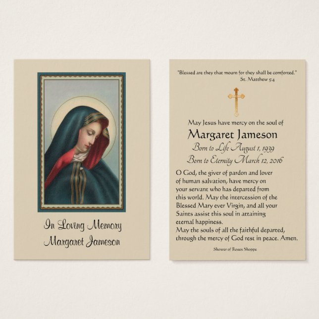 Jungfrau Mary Katholic Funeral Memorial Holcard - (Vorne & Hinten)