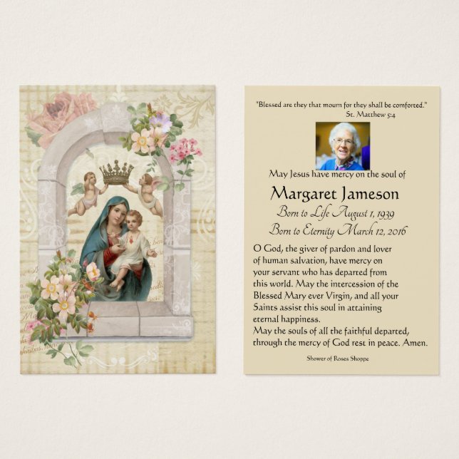 Jungfrau Mary Katholic Funeral Memorial Holcard - (Vorne & Hinten)