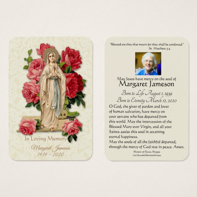 Jungfrau Mary Katholic Funeral Memorial Holcard - (Vorne & Hinten)