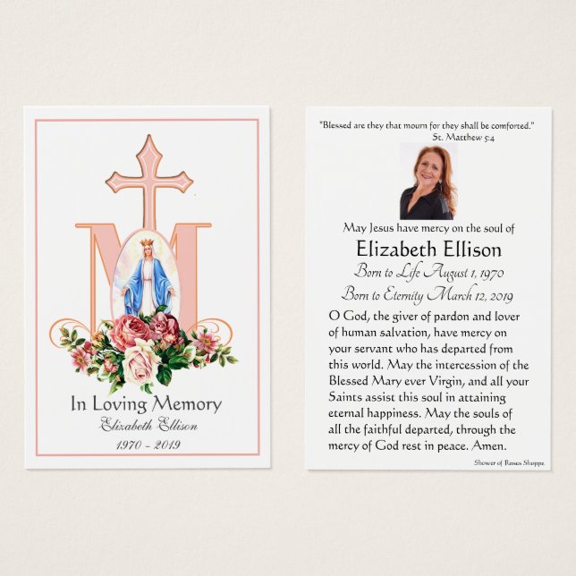 Jungfrau Mary Katholic Funeral Memorial Holcard - (Vorne & Hinten)