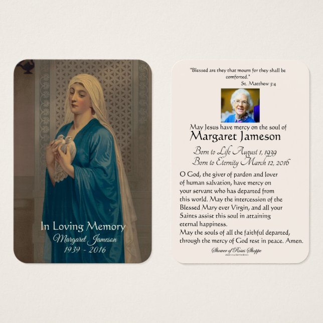 Jungfrau Mary Katholic Funeral Memorial Holcard - (Vorne & Hinten)