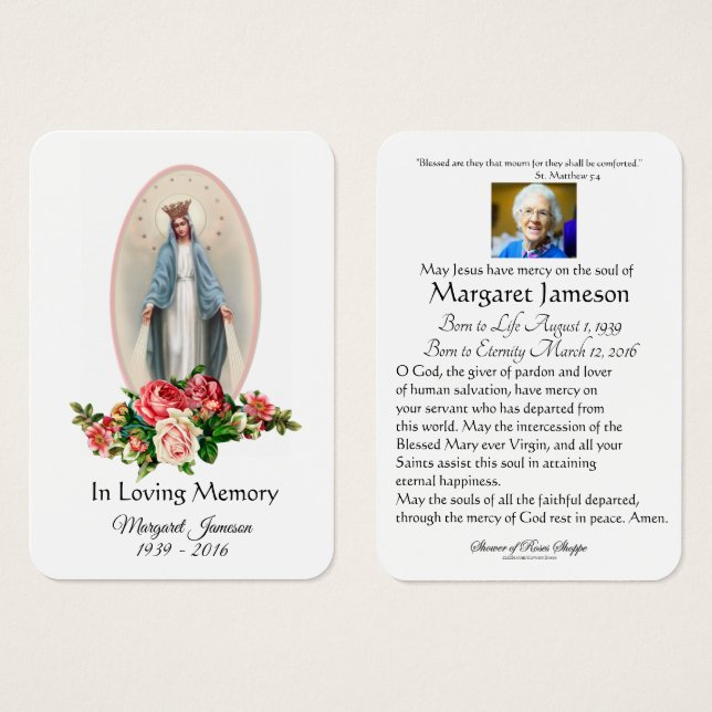 Jungfrau Mary Katholic Funeral Memorial Holcard - (Vorne & Hinten)