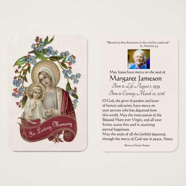 Jungfrau Mary Katholic Funeral Memorial Holcard - (Vorne & Hinten)