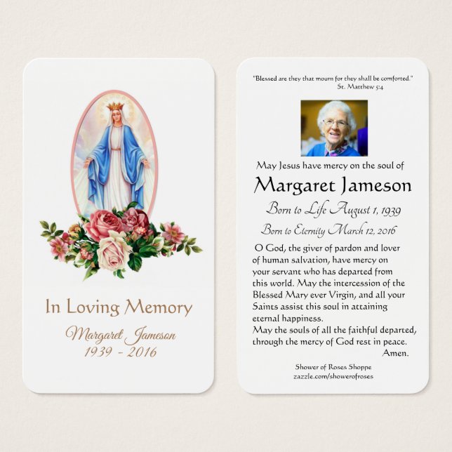 Jungfrau Mary Katholic Funeral Memorial Holcard - (Vorne & Hinten)