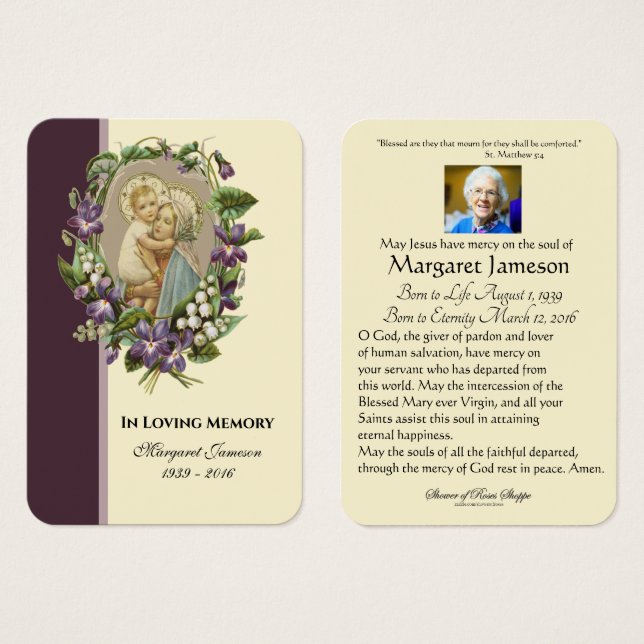 Jungfrau Mary Katholic Funeral Memorial Holcard - (Vorne & Hinten)