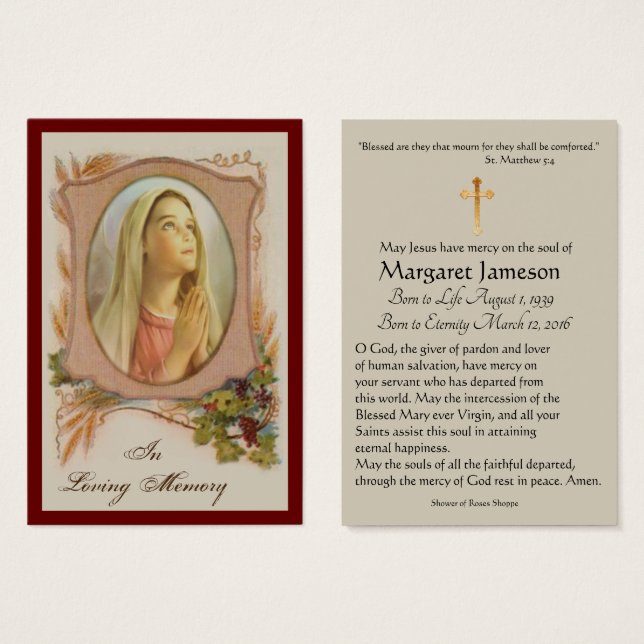 Jungfrau Mary Katholic Funeral Memorial Holcard - (Vorne & Hinten)