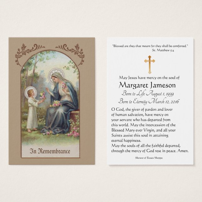 Jungfrau Mary Katholic Funeral Memorial Holcard - (Vorne & Hinten)